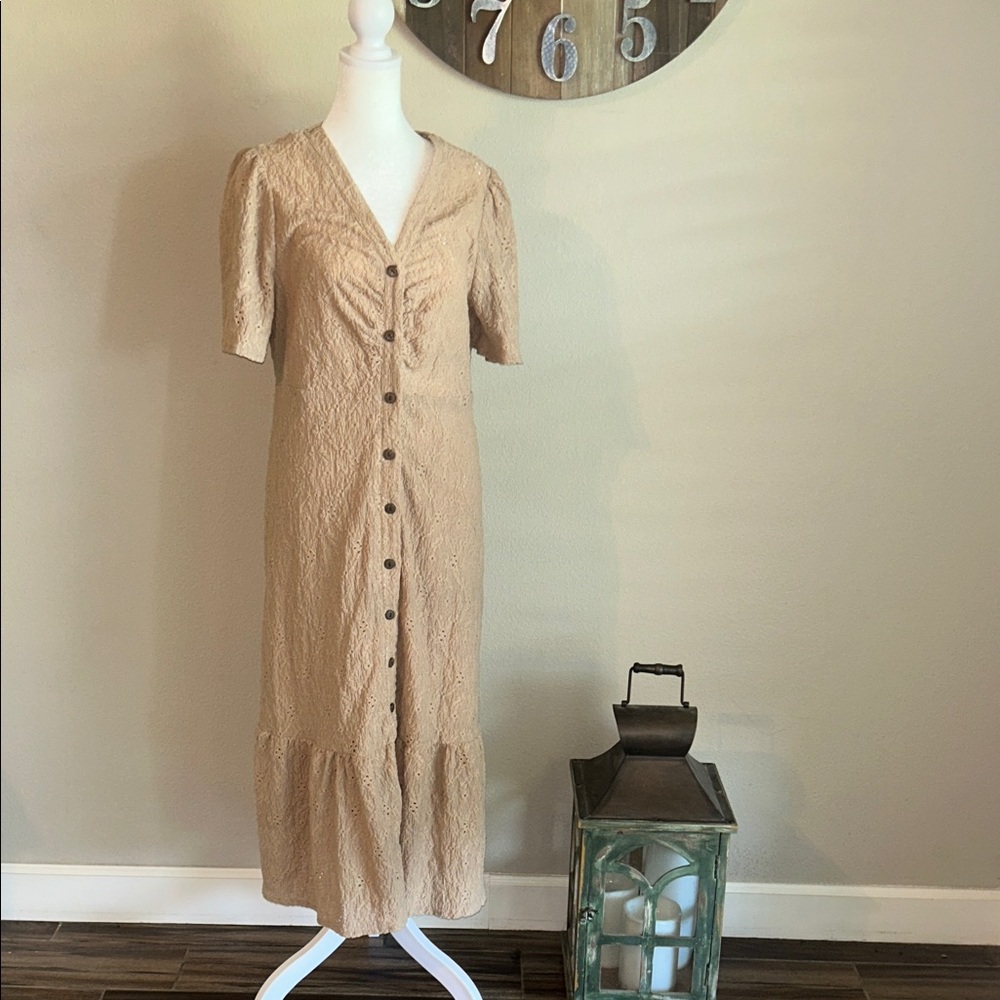 Elegant Tan Button-Down Dress